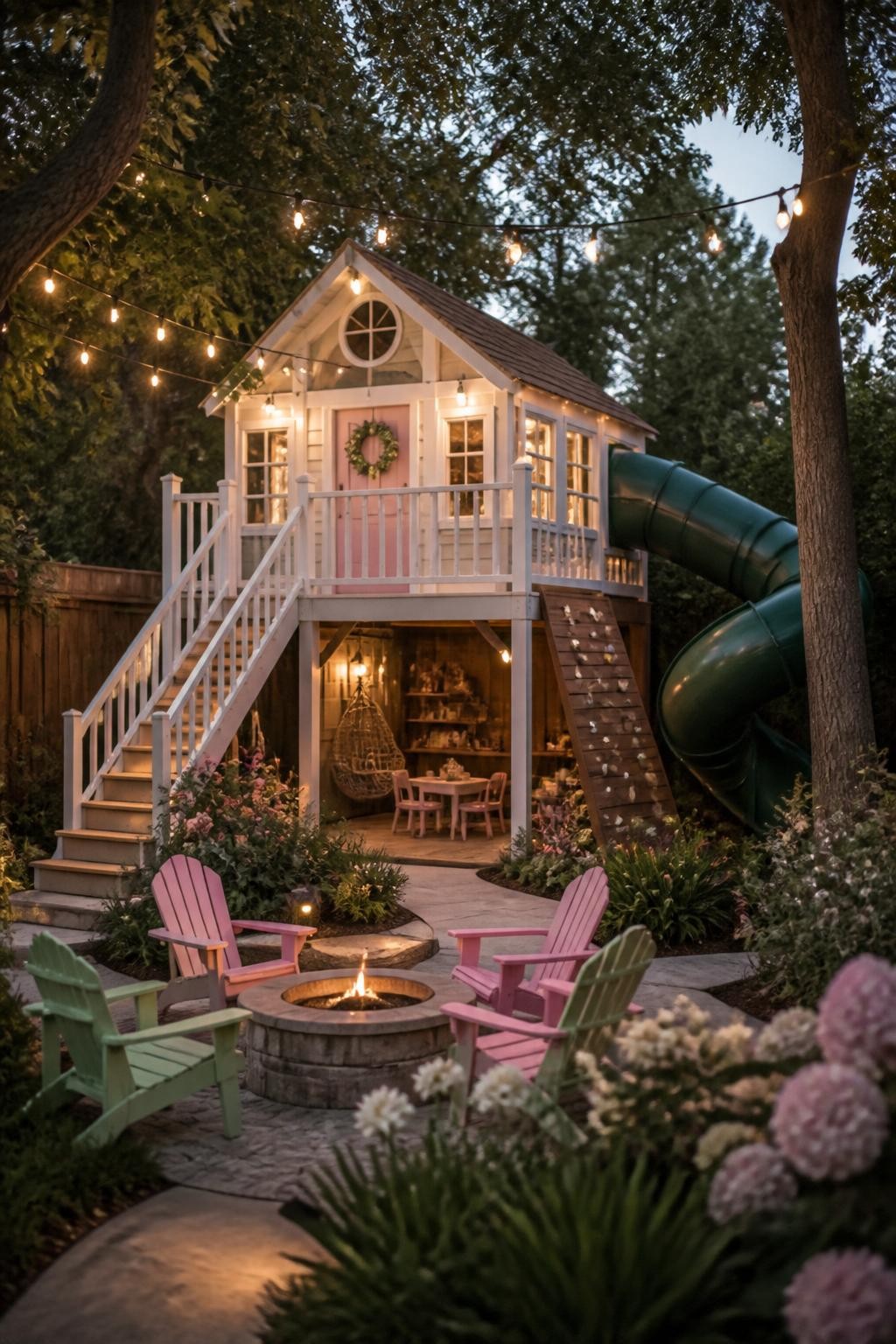 A show-stopping enchanted playhouse towers at the corner of a lush backyard, its white-painted frame, pastel pink door, and leafy wreath det.