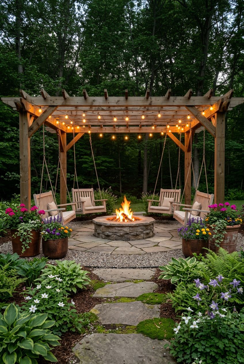 An enchanting woodland-inspired fire pit lounge with a robust wooden pergola set amid a backdrop of dense forest.