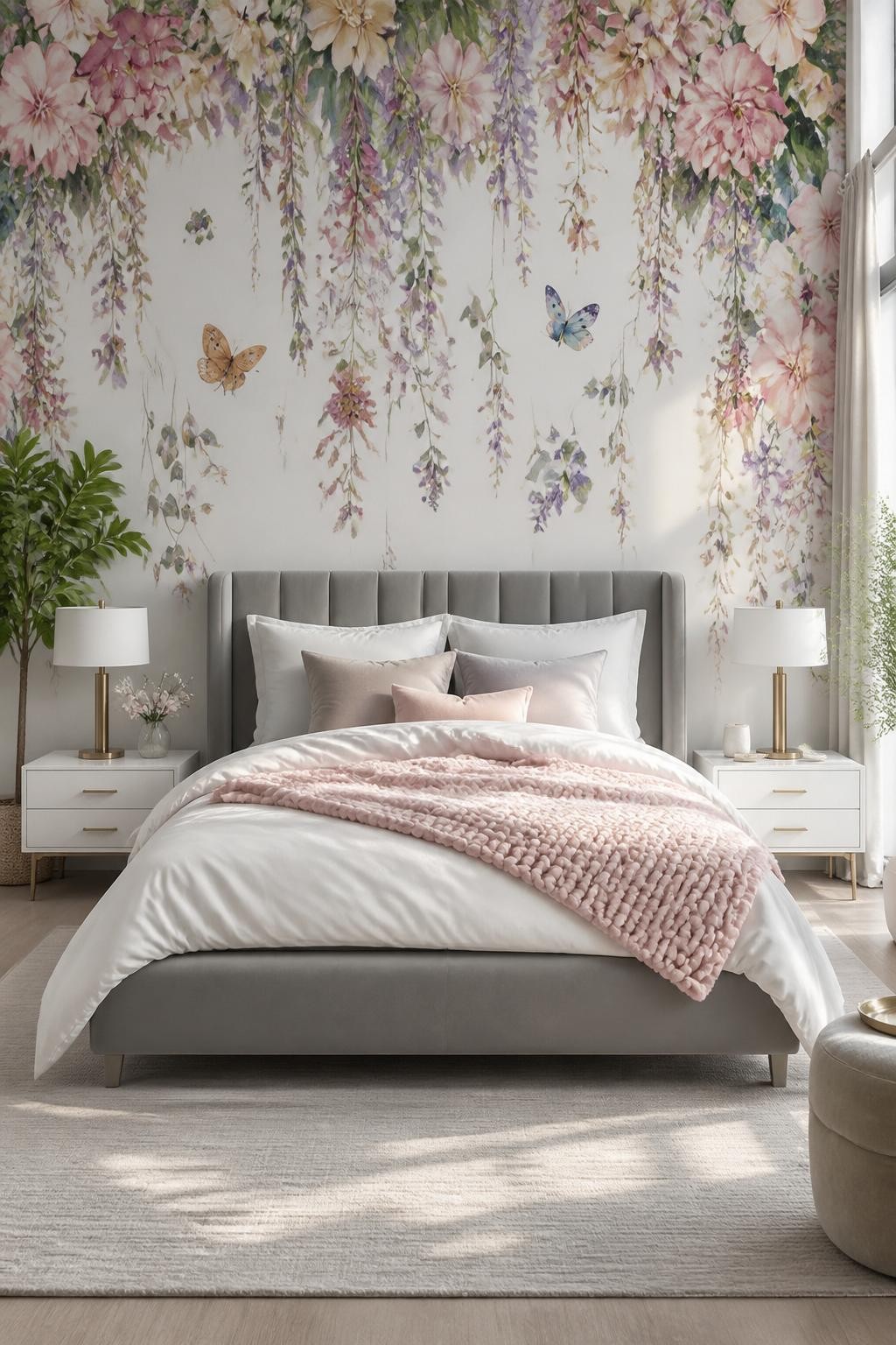 A luxury-inspired bedroom graced by a lavish mural of blooming florals and butterflies cascading from above in a riot of pastel tones, creat.