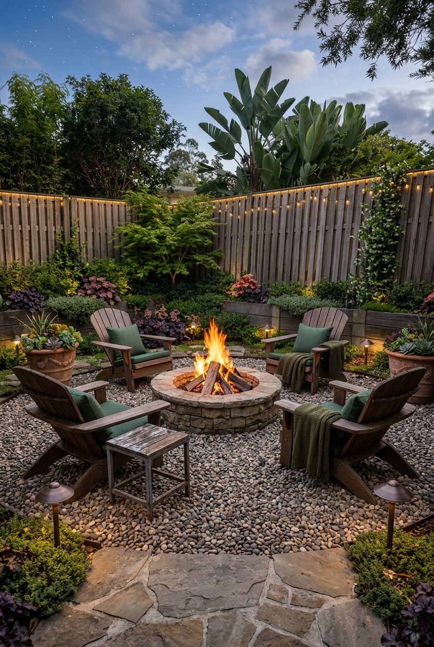 An enclosed backyard fire pit retreat with tall fencing and lush plant beds, featuring a circular stone fire pit surrounded by deep gravel a.