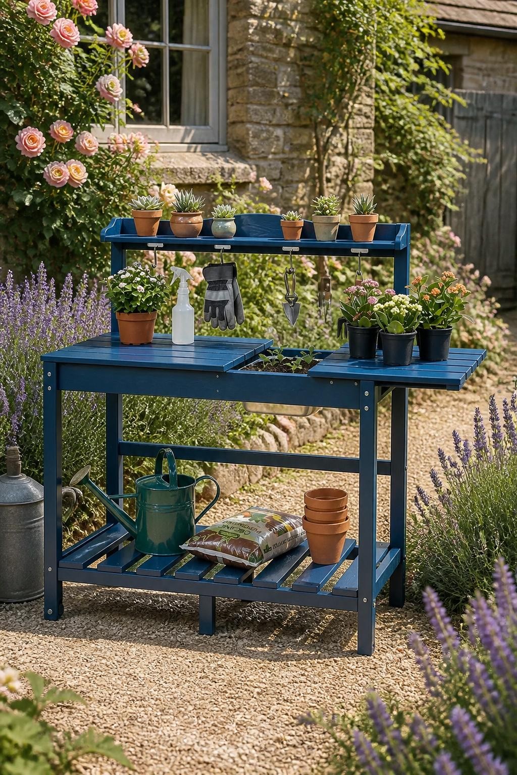 Use the uploaded HDPE Outdoor Potting Bench with Sliding Tabletop exactly as the reference product, preserving its bold blue color, slatted.