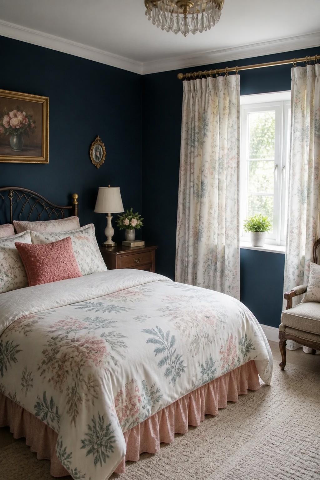 A cozy English cottage-inspired bedroom featuring navy painted walls paired with soft, pastel floral curtains and matching bedding.