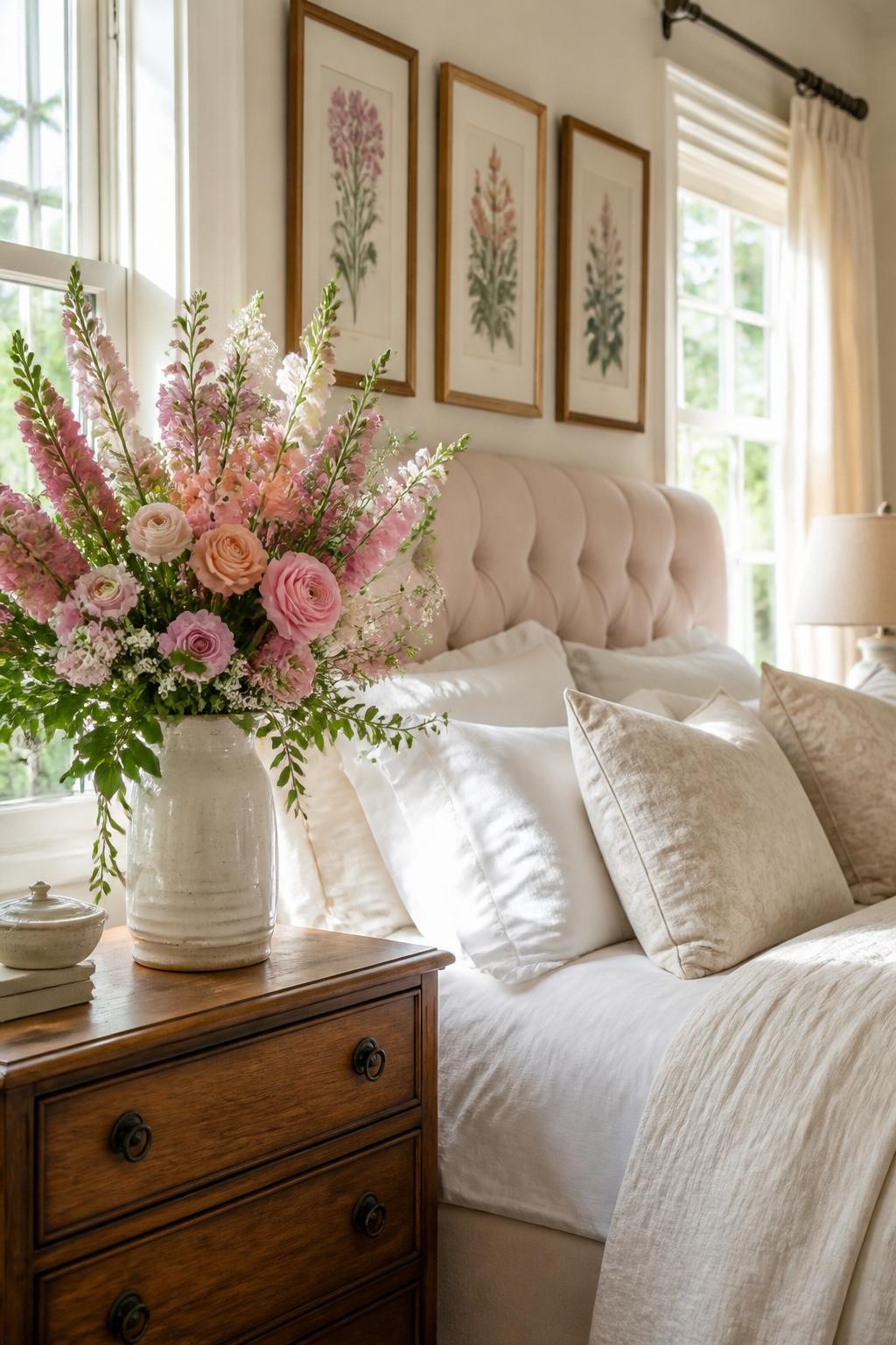 A bright, airy bedroom styled in classic cottagecore fashion, with a tufted blush headboard and fresh white linens.