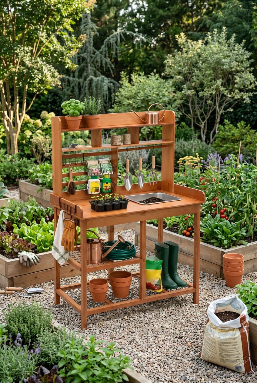 Use the uploaded OOOK Potting Bench with Removable Sink exactly as the reference product, showing its distinctive accessories rack, open she.