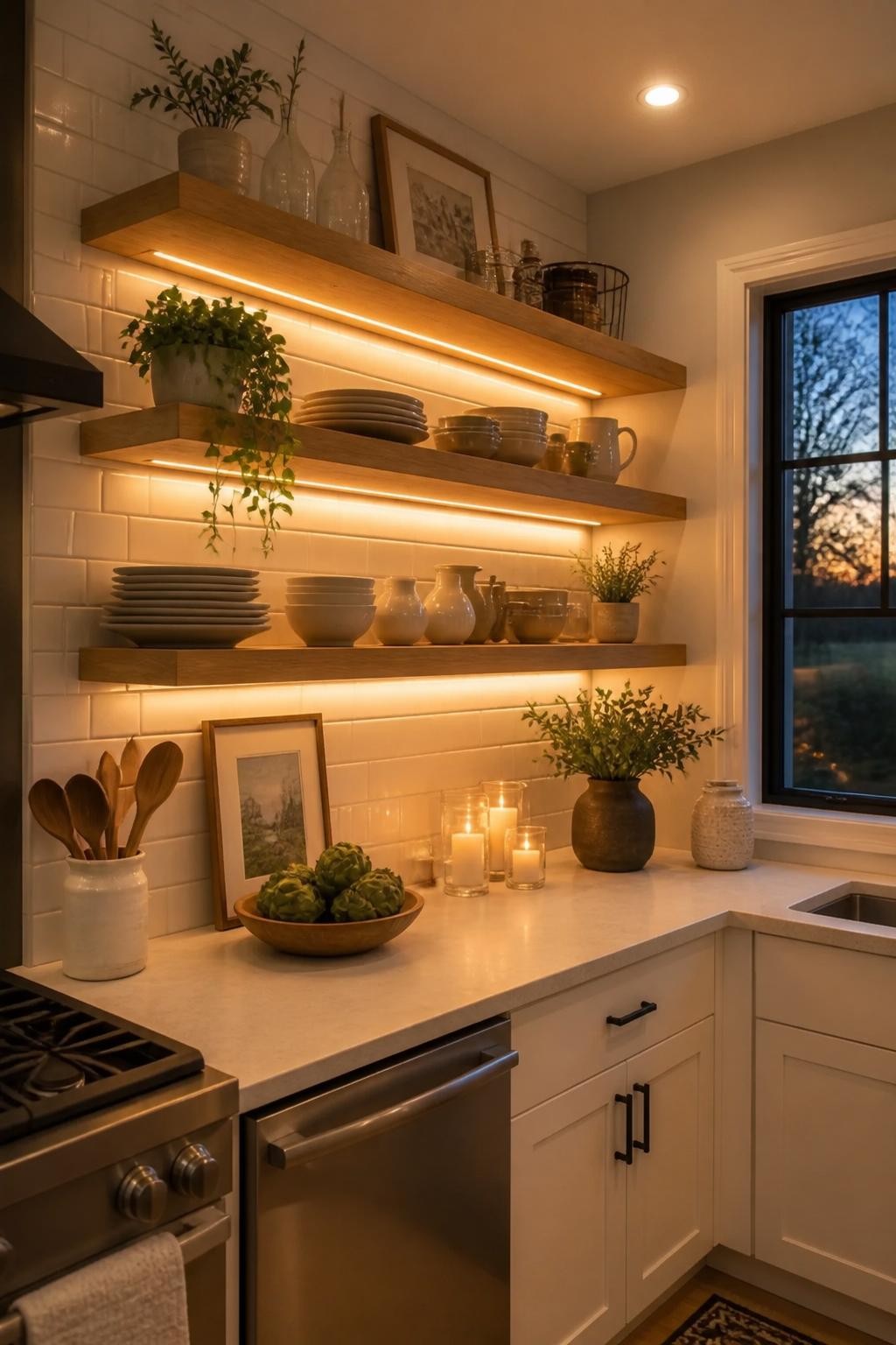 Evening kitchen scene defined by floating white oak shelves glowing with integrated LED strips, layered with chic white ceramics, glass jars.