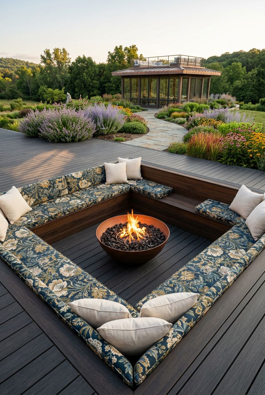 Highlight a spacious sunken fire pit seamlessly integrated into a broad composite deck, perfect for large gatherings.