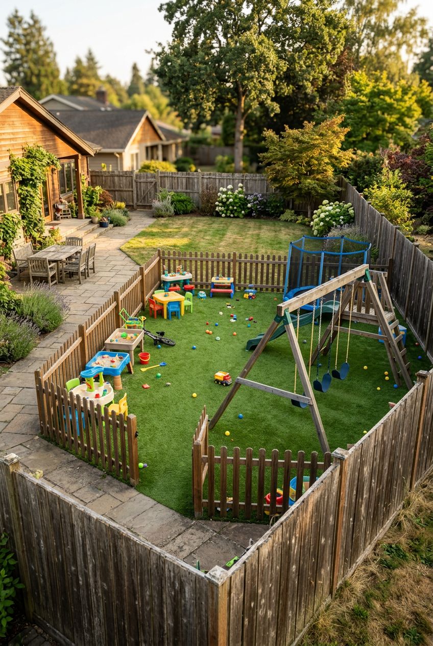 Capture a large backyard with rustic wood fencing, sectioned by a medium-height wooden picket enclosure to define the children's play space.