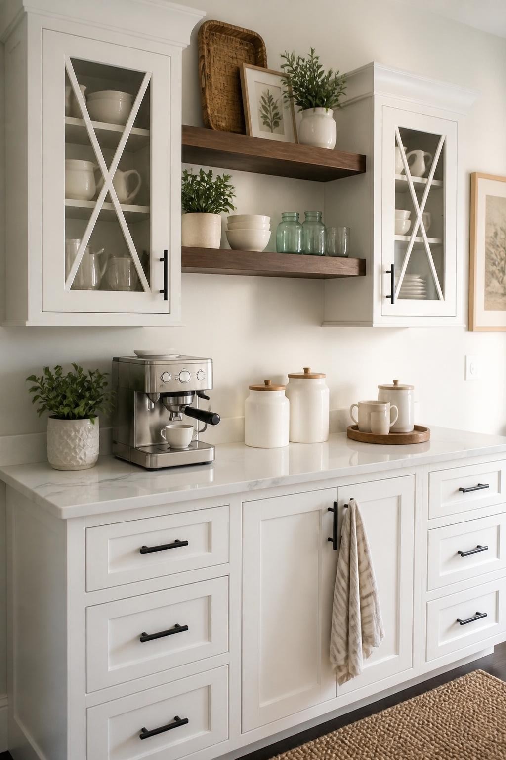 A modern farmhouse kitchen with crisp white cabinetry features two thick walnut floating shelves framed by glass-front cabinets.