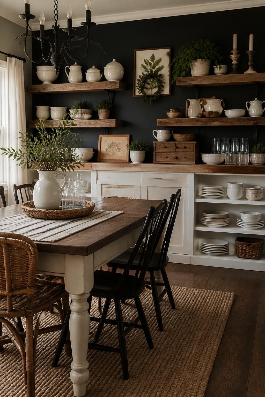A farmhouse dining room highlighted by rustic floating shelves mounted to a bold, dark-painted accent wall.