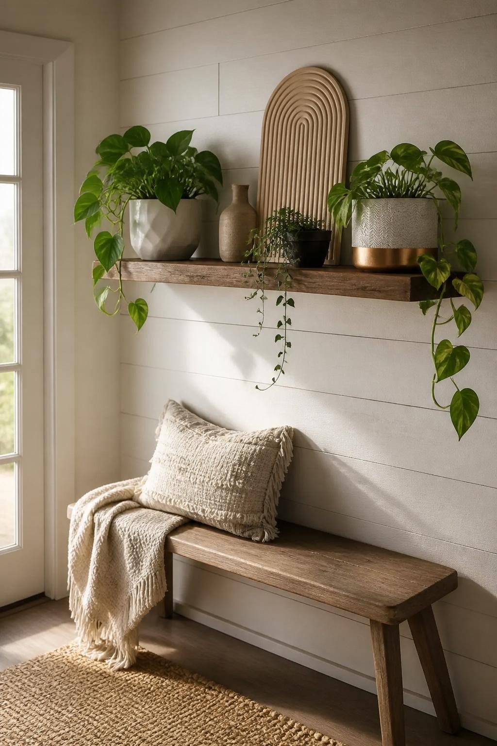 This welcoming farmhouse entryway centers around a rustic walnut floating shelf installed against whitewashed horizontal planks.