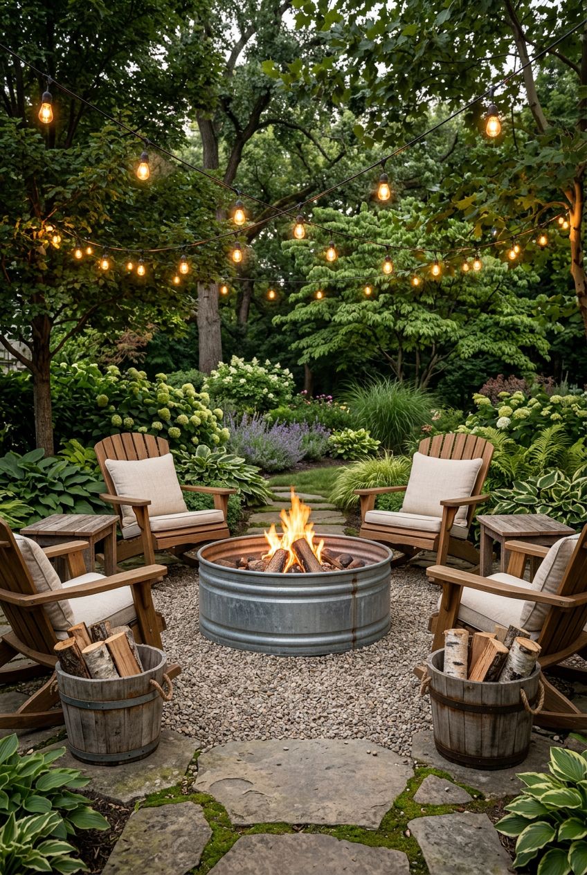 A casual farmhouse-inspired round fire pit crafted from galvanized metal, centered within a gravel circle surrounded by Adirondack rocking c.