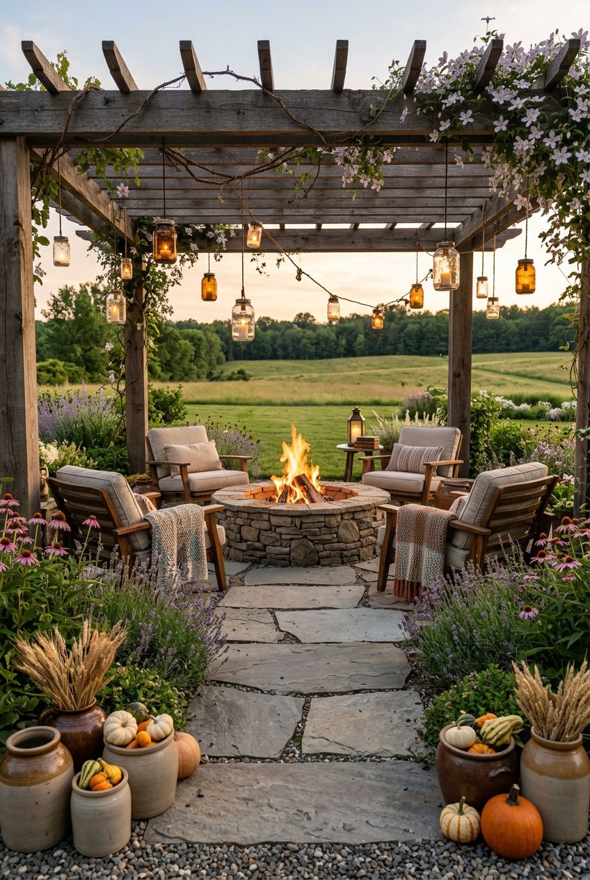 A picturesque farmhouse-style patio set beneath a heavy timber pergola adorned with hanging mason jar lanterns and string lights, centering.
