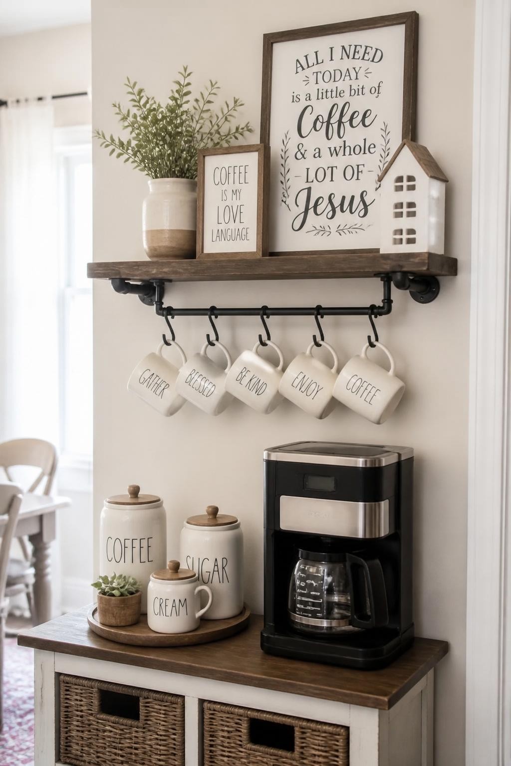 Cozy farmhouse vibes shine in this small coffee nook, where a single, sturdy wood floating shelf with industrial pipe brackets hosts a colle.