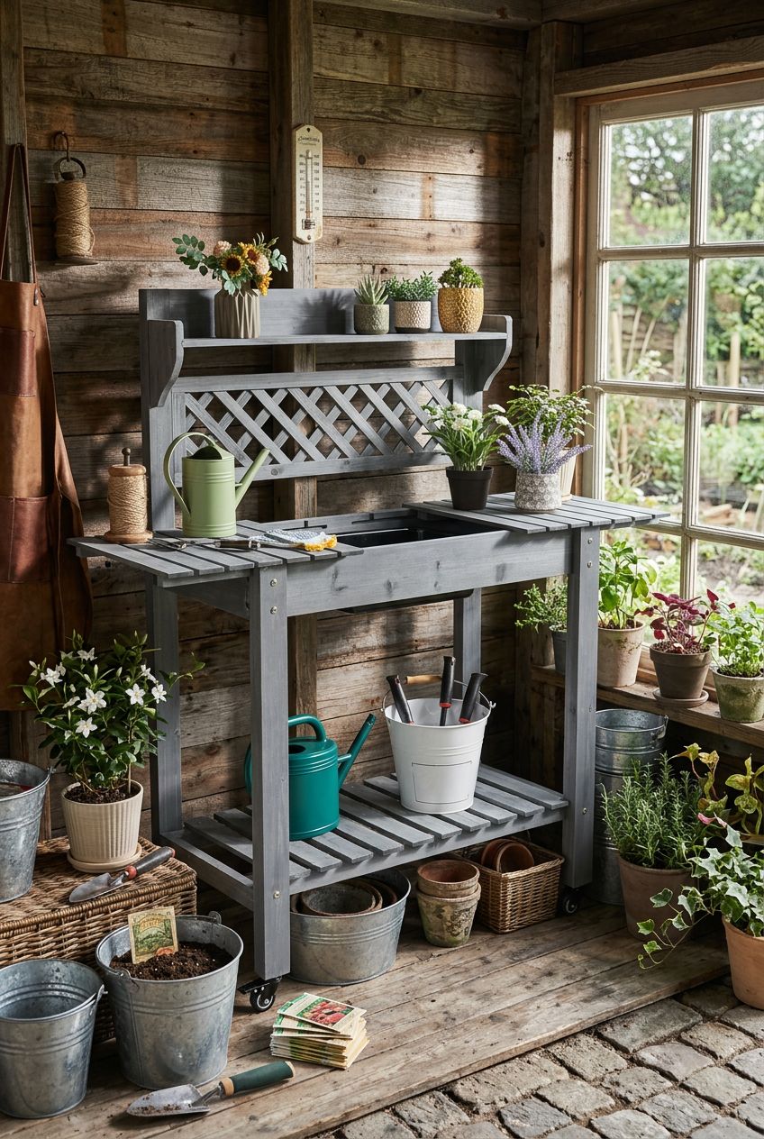 Use the uploaded Yaheetech Garden Potting Bench Table exactly as the reference product, keeping the gray wood and stylish lattice backrest.