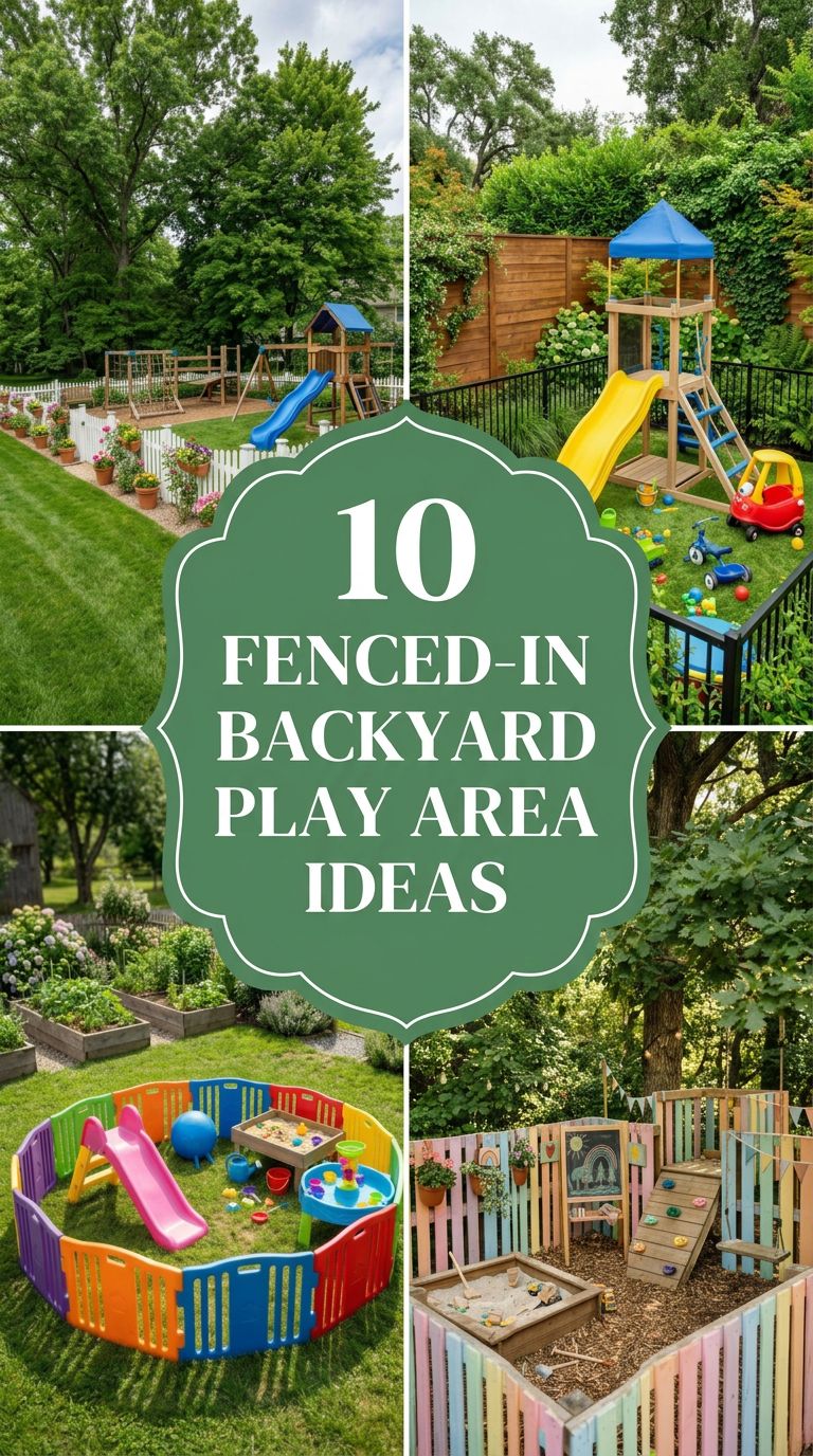 Pinterest banner for 10 Fenced In Play Area for Kids Backyard Ideas for Safe Outdoor Fun