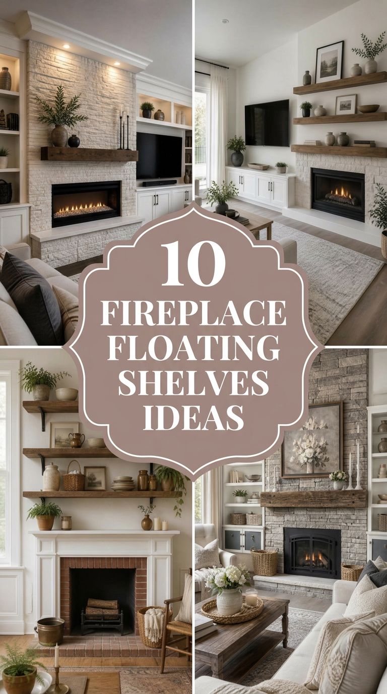 Pinterest banner for 10 Fireplace Floating Shelves Ideas for a Stylish Living Room