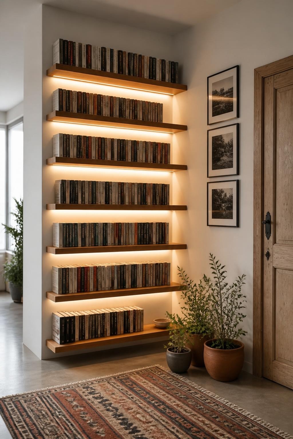 An ultra-modern hallway transforms into a home library with floating wood shelves installed floor-to-ceiling along a clean white wall, each.