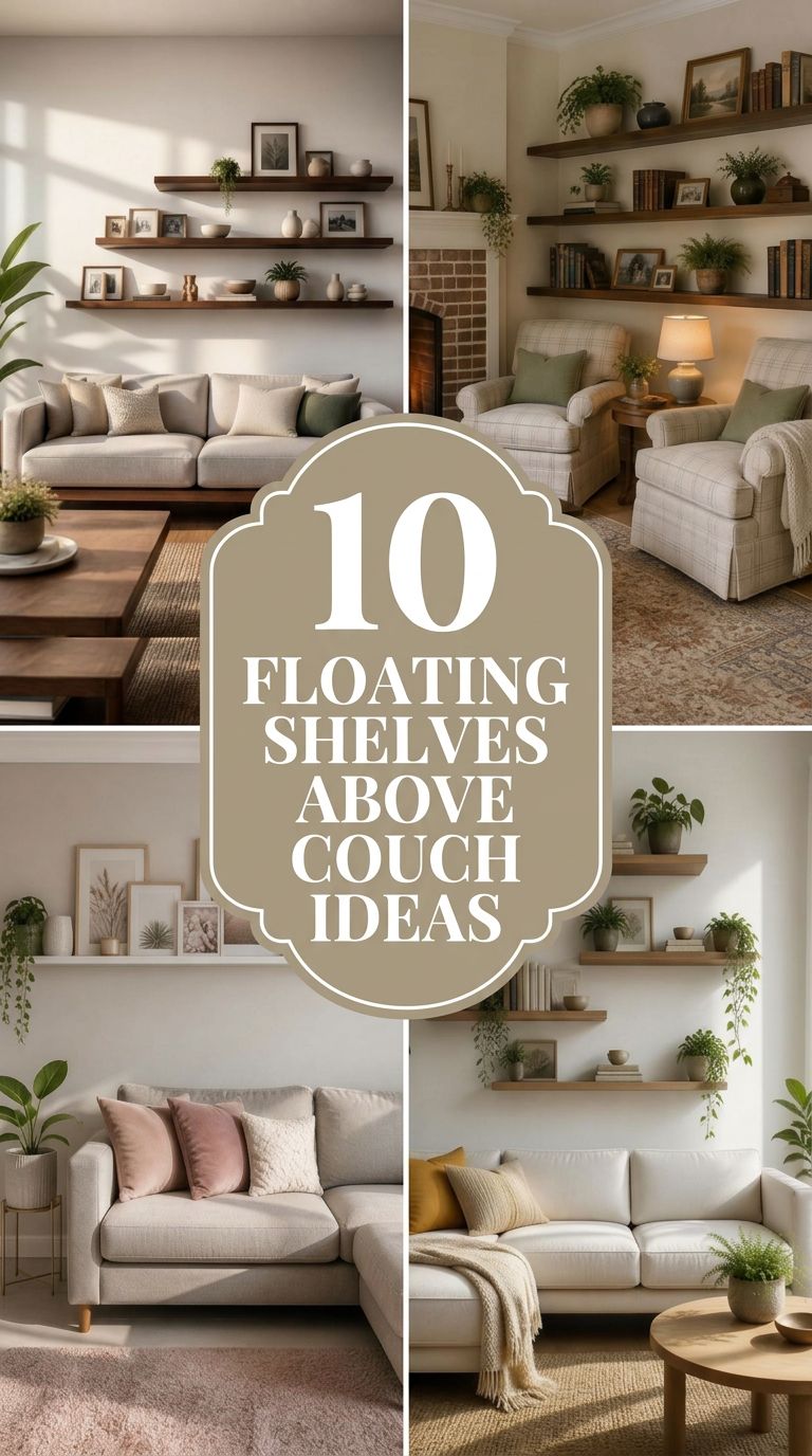 Pinterest banner for 10 Floating Shelves Above Couch Ideas for a Stylish Living Room