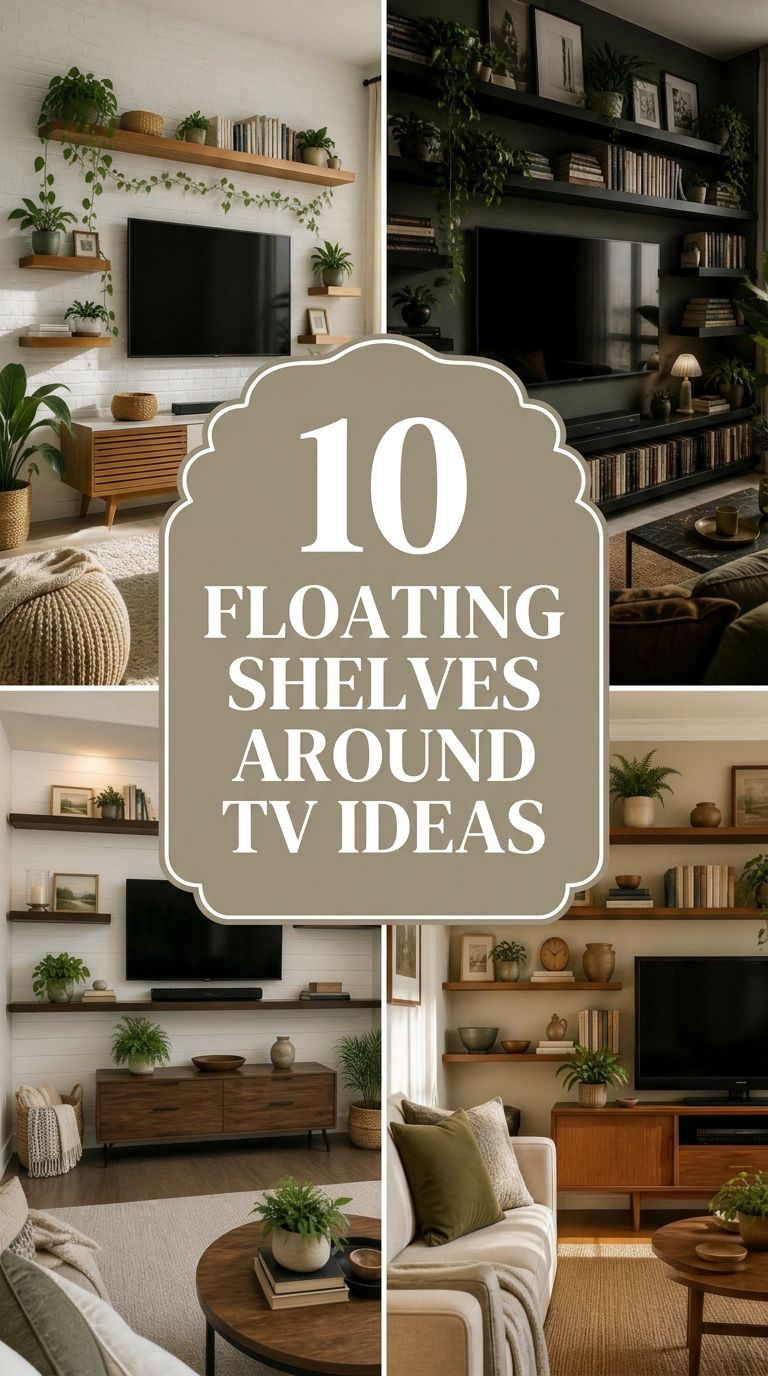 Pinterest banner for 10 Floating Shelves Around TV Ideas for Modern Living Rooms