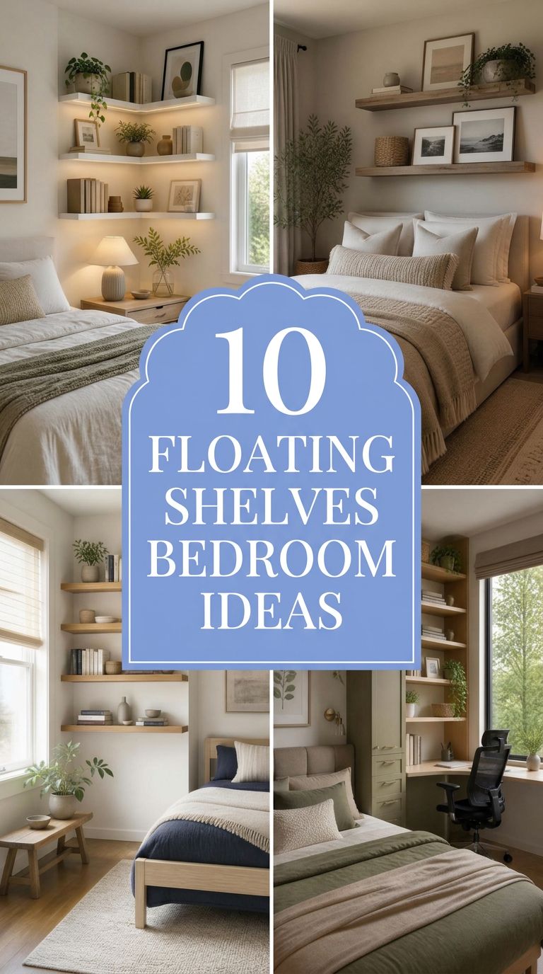 Pinterest banner for 10 Floating Shelves Bedroom Ideas for Small Spaces