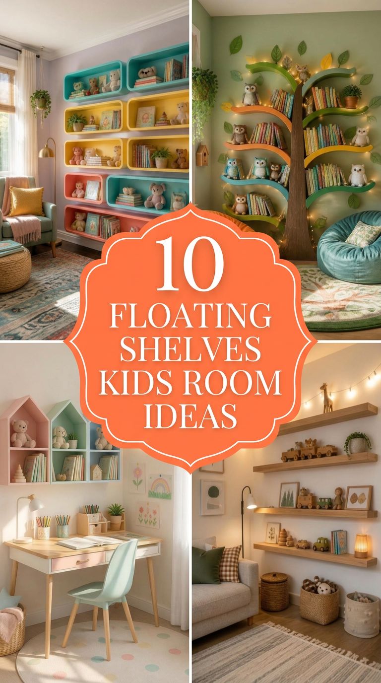 Pinterest banner for 10 Floating Shelves Kids Room Ideas for Fun & Organized Spaces