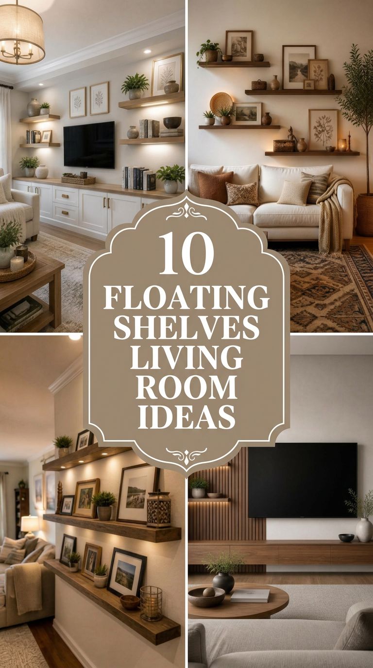 Pinterest banner for 10 Floating Shelves Living Room Ideas That Look Designer-Made