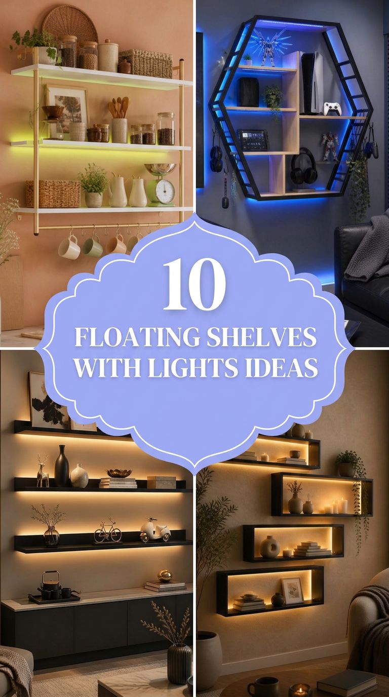 Pinterest banner for 10 Floating Shelves with Lights Ideas for Cozy Interiors