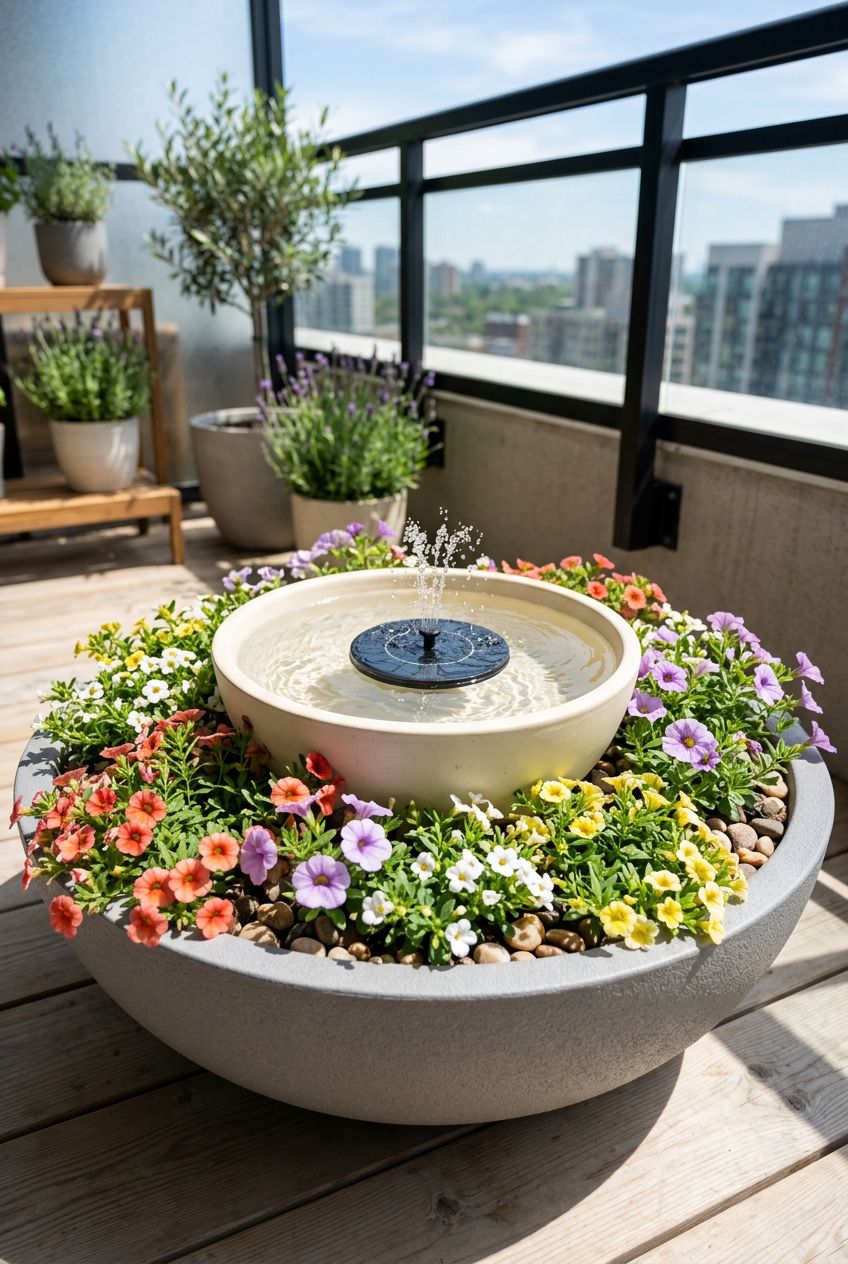 Create a cheerful balcony fountain using a wide shallow planter filled around the edges with colorful flowering annuals in shades of coral.