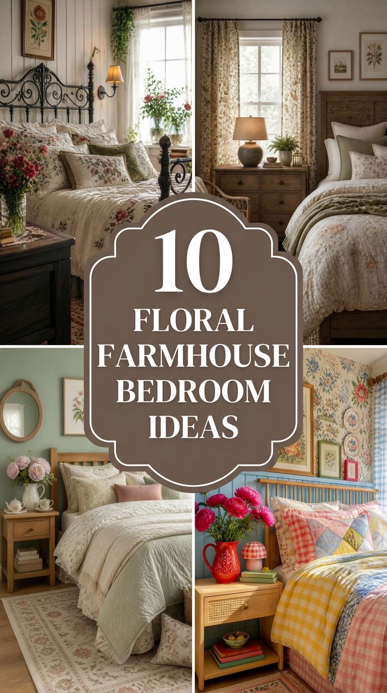 Pinterest banner for 10 Floral Farmhouse Bedroom Ideas for Cozy Vintage Charm