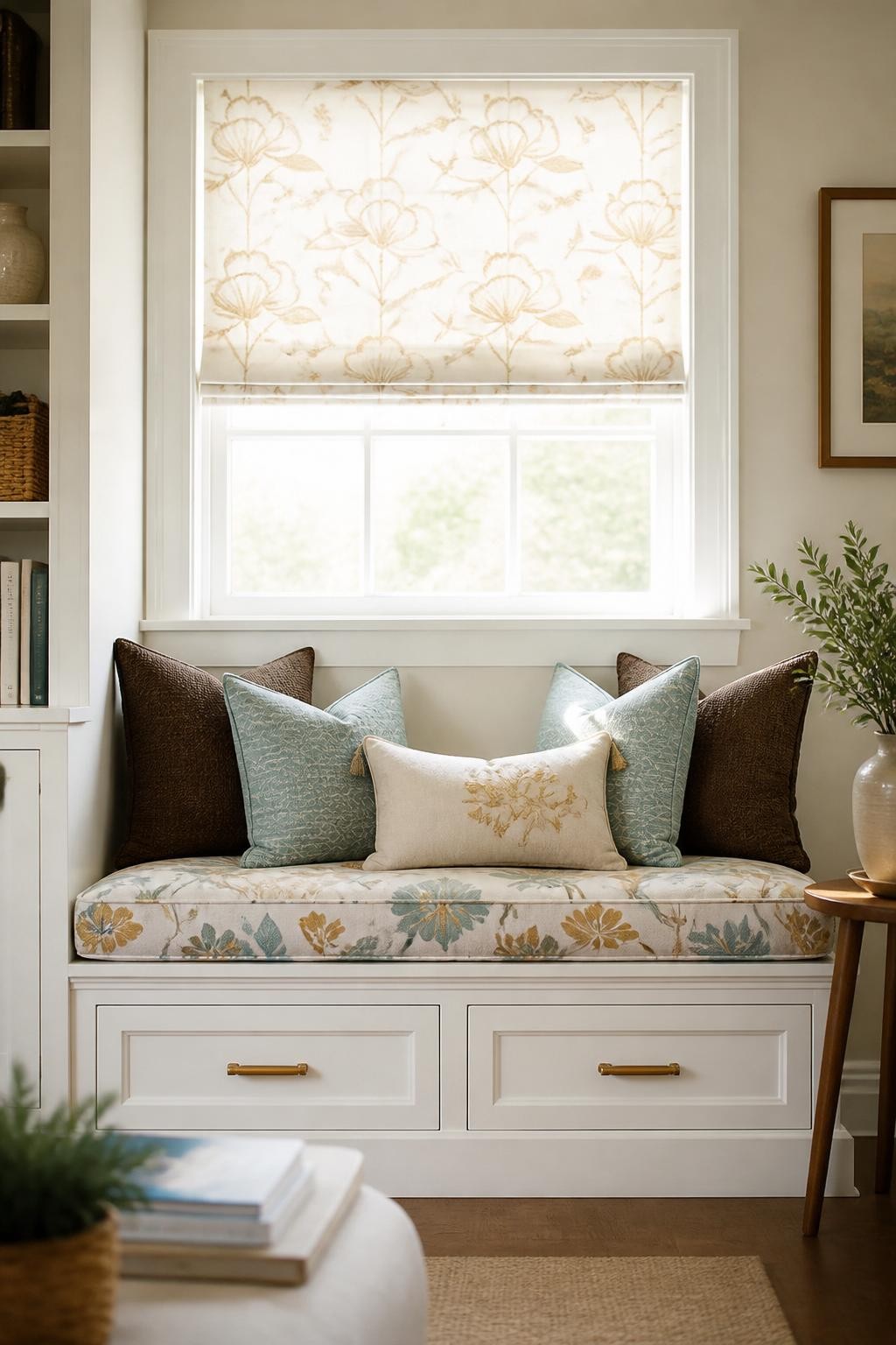 A charming alcove window seat in a transitional family room, featuring white and tan floral Roman blinds over a small-paned window.