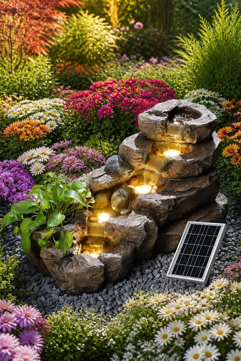 Use the uploaded low-profile rock waterfall fountain exactly as the reference product, preserving its layered stone structure, built-in plan.