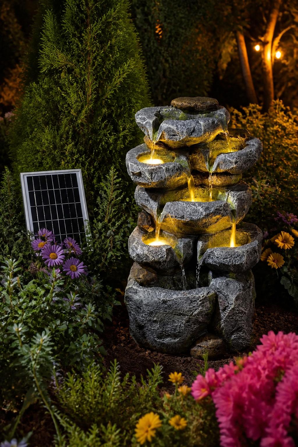 Use the uploaded 5-tier rock cascade fountain exactly as the reference product, preserving its rugged stacked rock design, multiple illumina.
