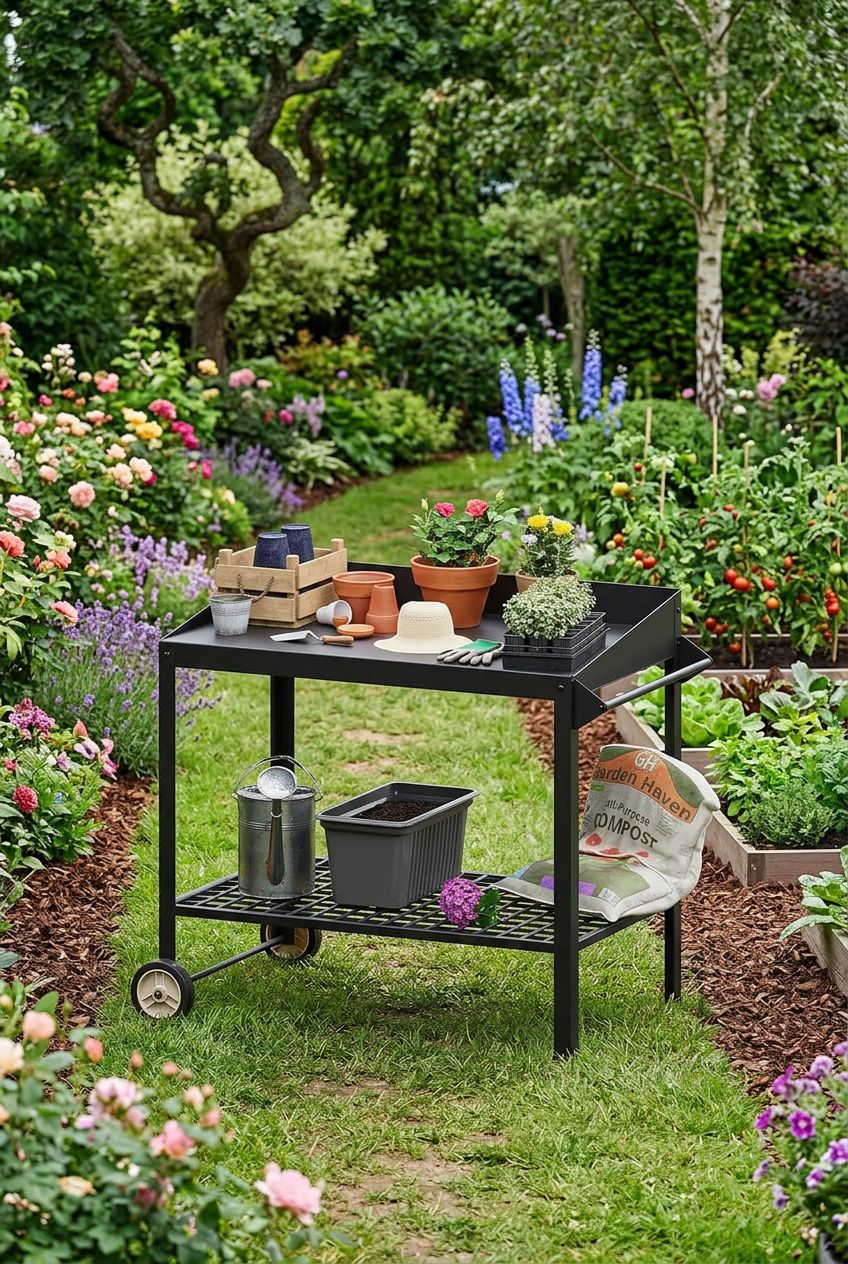 Use the uploaded FOYUEE Metal Potting Bench exactly as the reference product, preserving its black metal frame, mesh lower shelf, oversized.