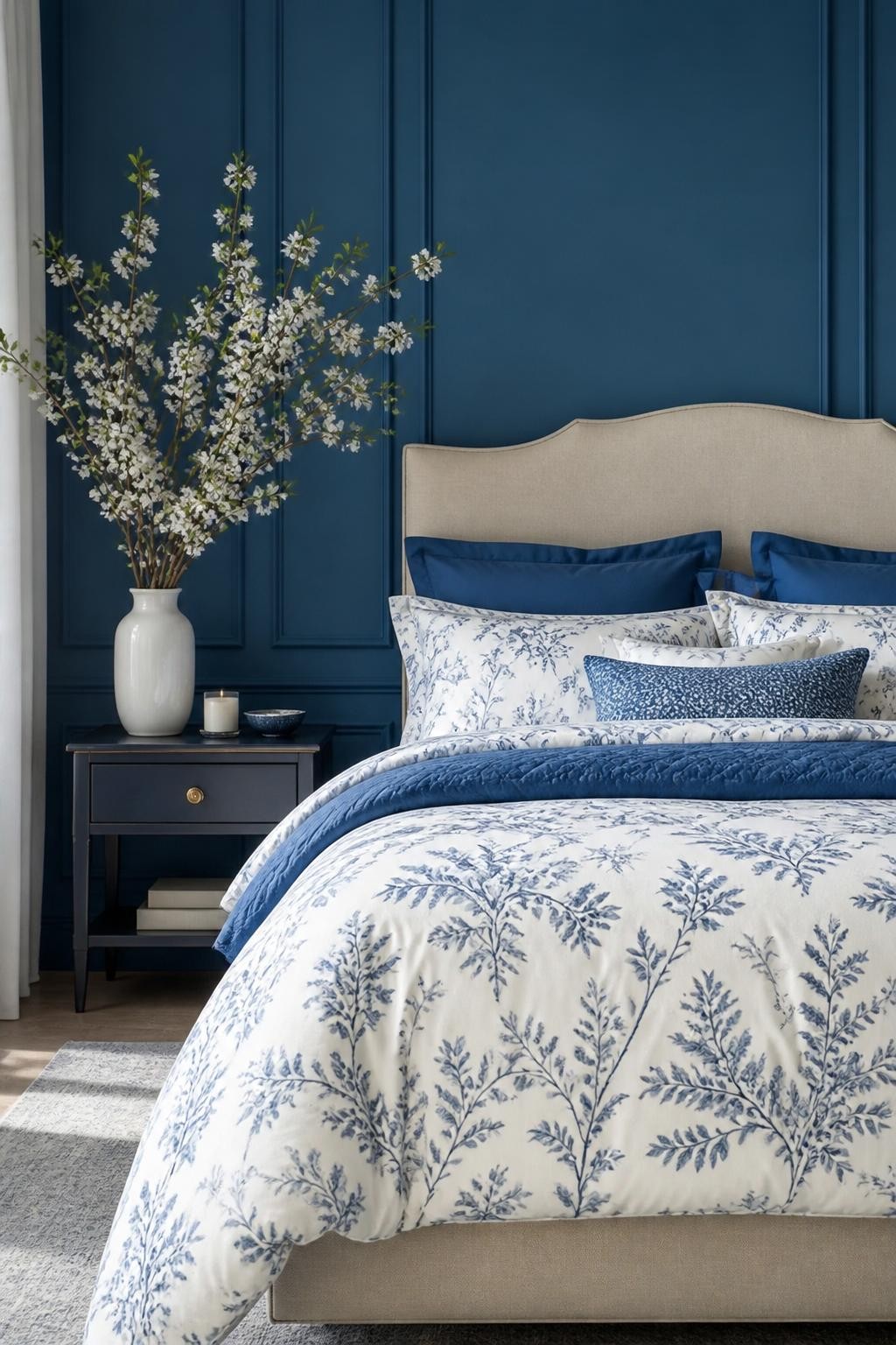 A fresh take on navy florals, this contemporary bedroom features a paneled navy wall adorned with a white and blue botanical bedding set.