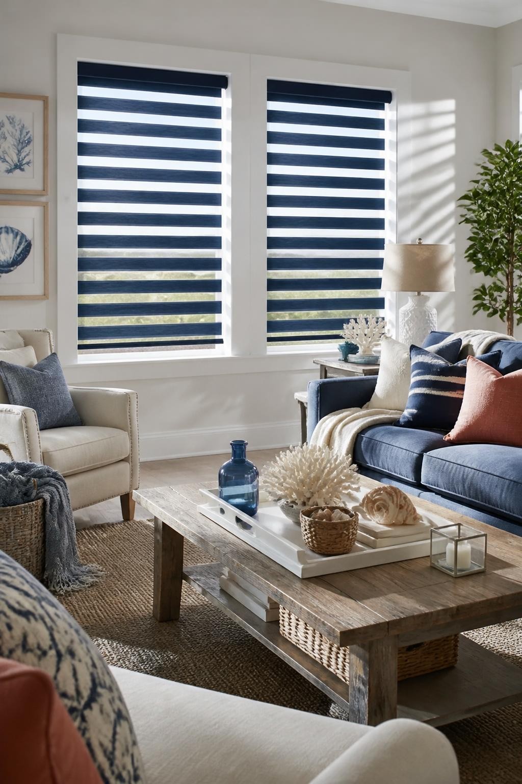 A fresh, coastal-inspired living room with crisp white walls and wide windows dressed in layered zebra blinds in shades of navy blue and whi.
