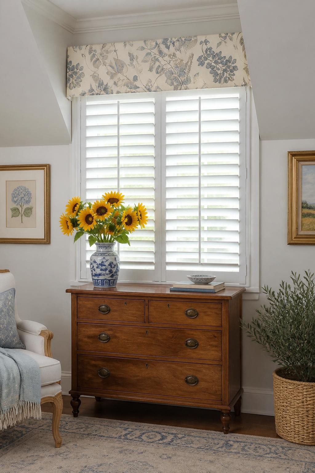 A cozy sitting nook with plantation shutters, featuring a tailored box valance in soft cream fabric adorned with understated blue and beige.