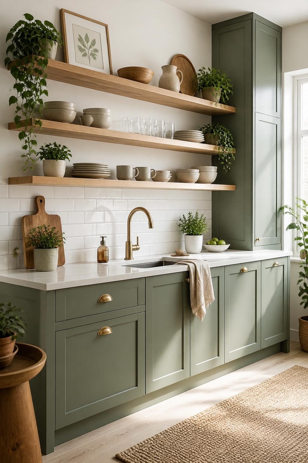 A modern kitchen with calming sage green cabinetry and thick white oak floating shelves, highlighted by gleaming white subway tile backsplas.