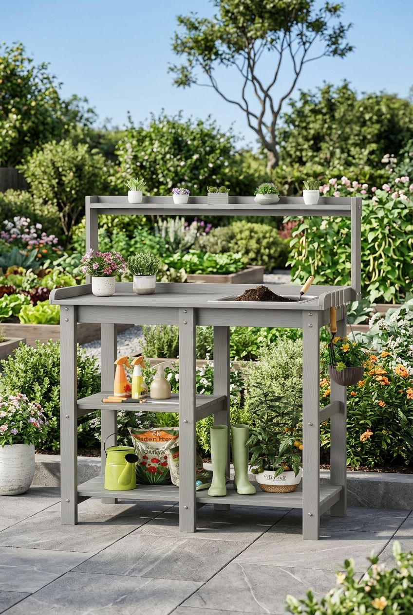 Use the uploaded Outdoor Potting Bench Table with Removable Sink exactly as the reference product, preserving its pale grey wooden structure.