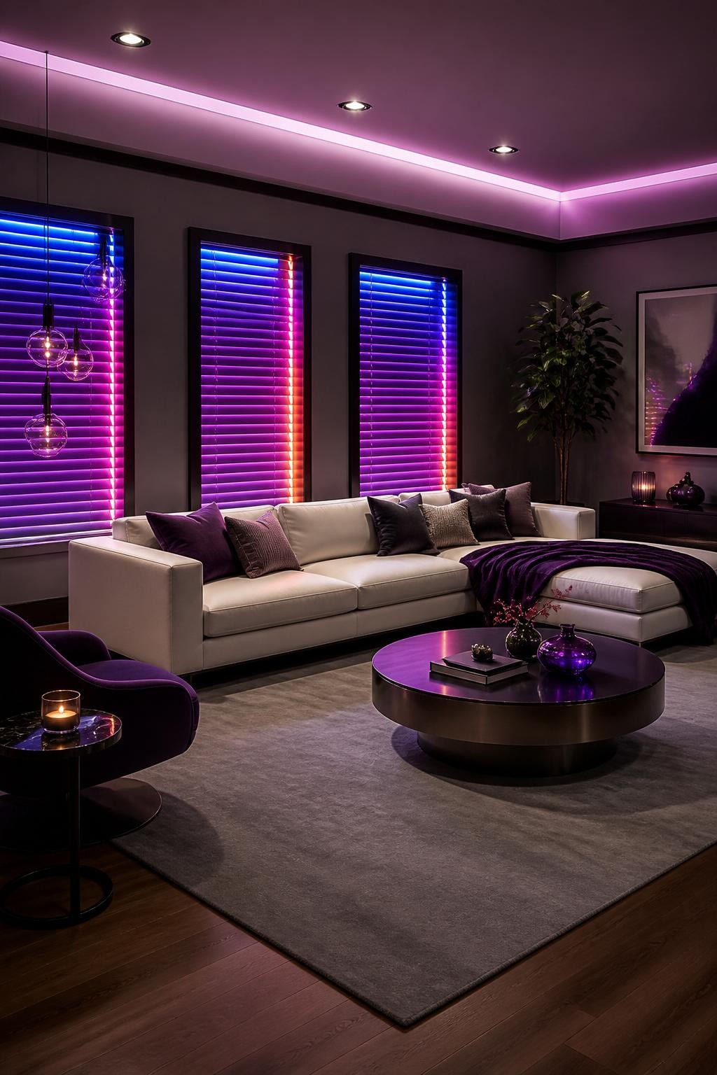 A futuristic living room aglow with vibrant, color-changing LED smart blinds that transition smoothly from neon blue to magenta and purple.