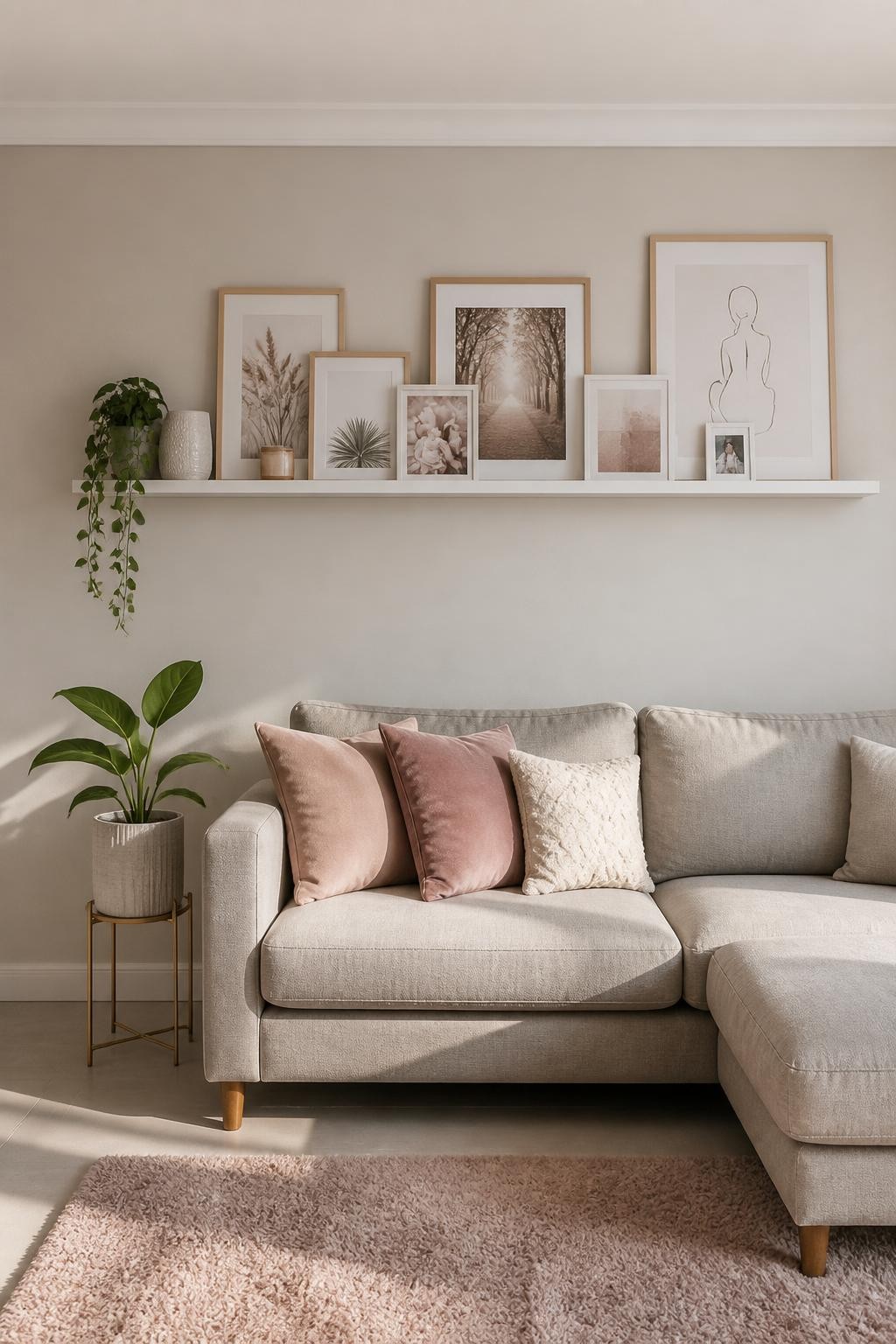 A contemporary living room with a soft gray sofa and blush accent pillows, positioned beneath a single white floating shelf that displays a.