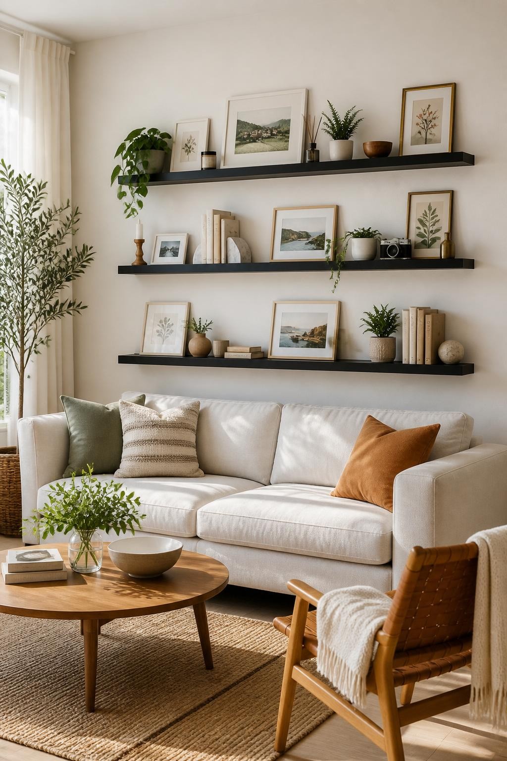 A Scandinavian-inspired gallery wall in a bright living room features three elongated black floating shelves loaded with carefully arranged.