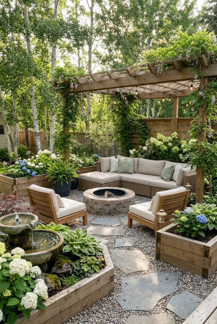 A lush lined fire pit area beneath a wooden pergola, accented with climbing greenery and surrounded by mature birch trees that filter soft s.