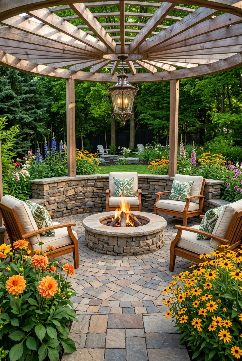 Show a classic circular garden pergola surrounded by lush greenery and colorful blooms, focusing on a rounded stone fire pit encircled by a.