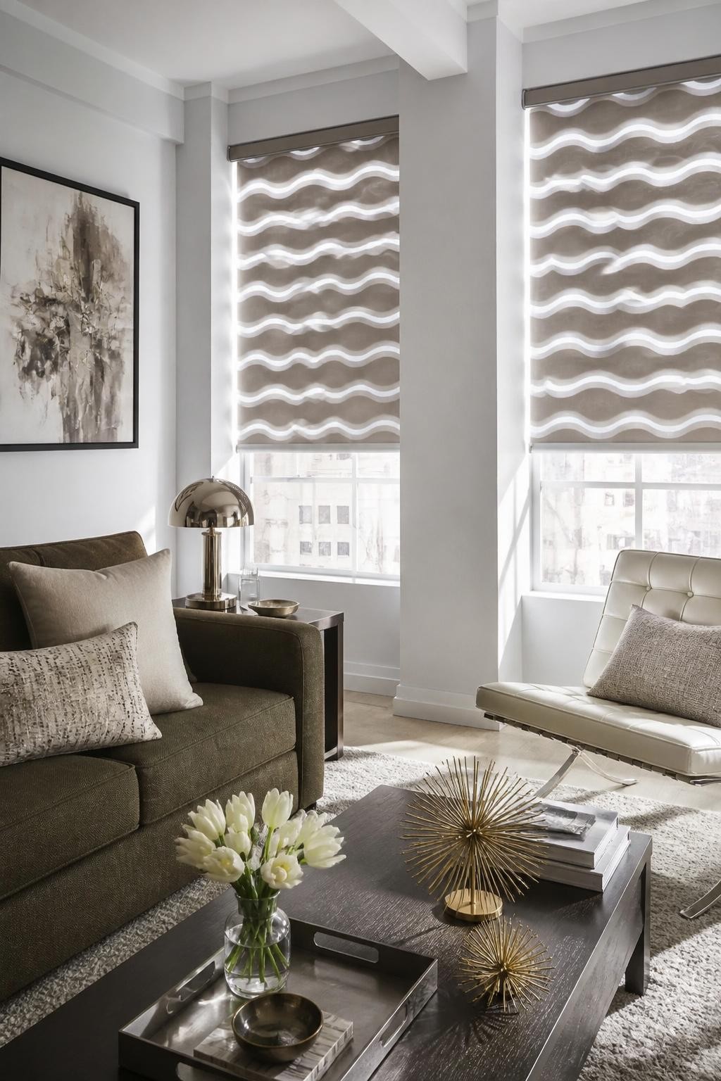 This geometric contemporary living room spotlights windows dressed in chic wavy-patterned roller blinds that create playful lines of light a.