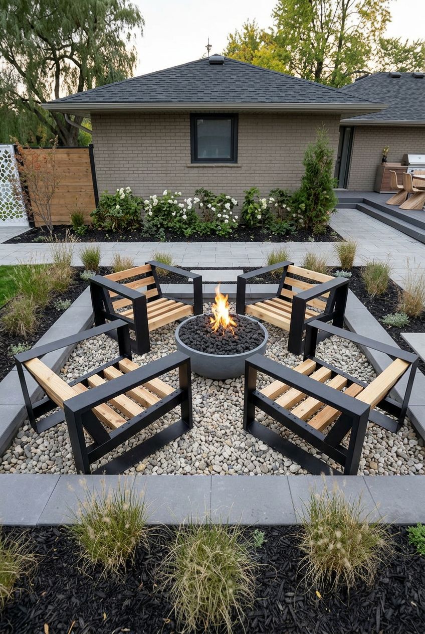 A crisp, geometric garden displays a sunken fire pit enveloped by angular, contemporary armchairs with black metal frames and light wooden s.