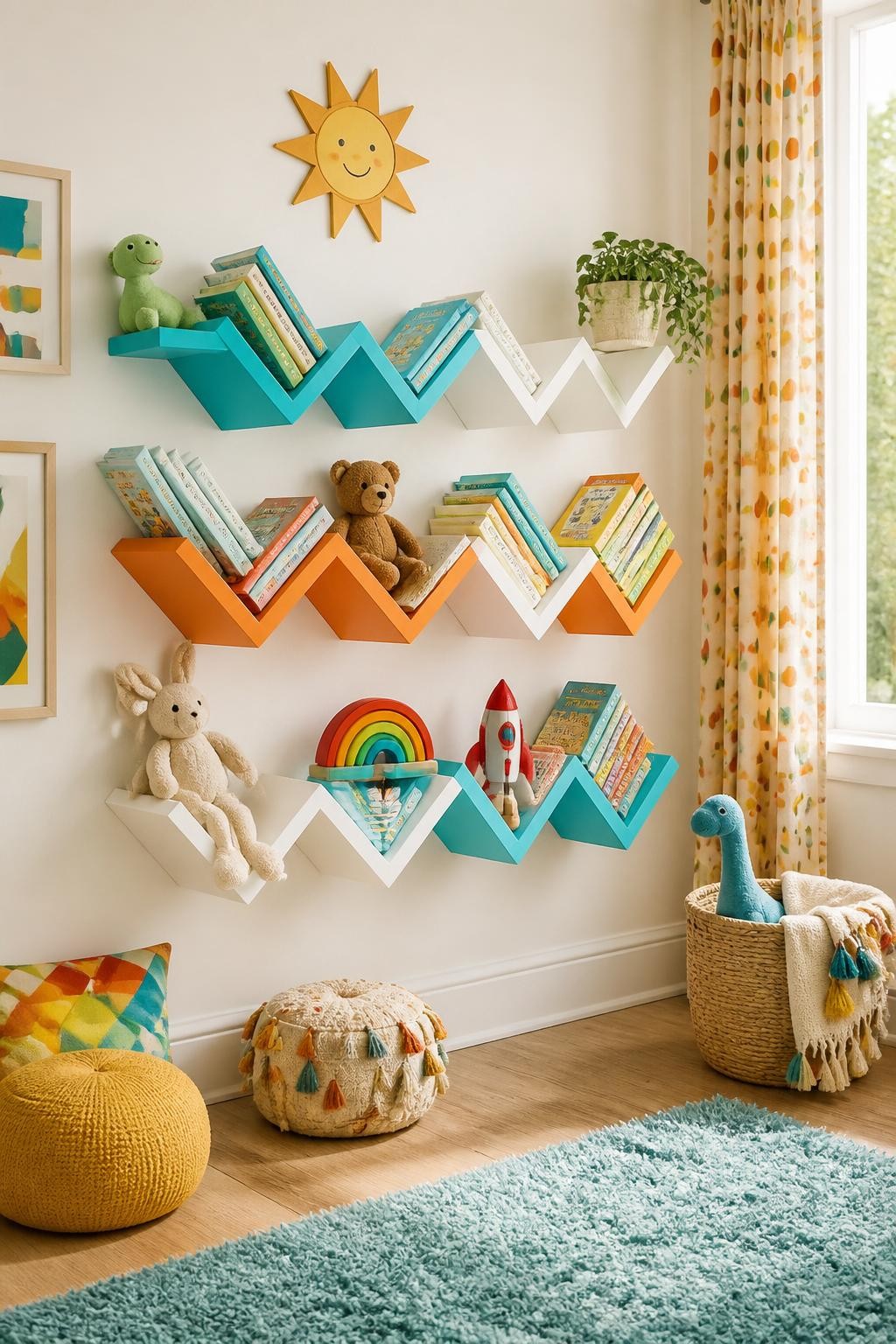 A creative kids’ room wall with geometric zigzag shelves in alternating turquoise, orange, and white, creating a sculptural effect.