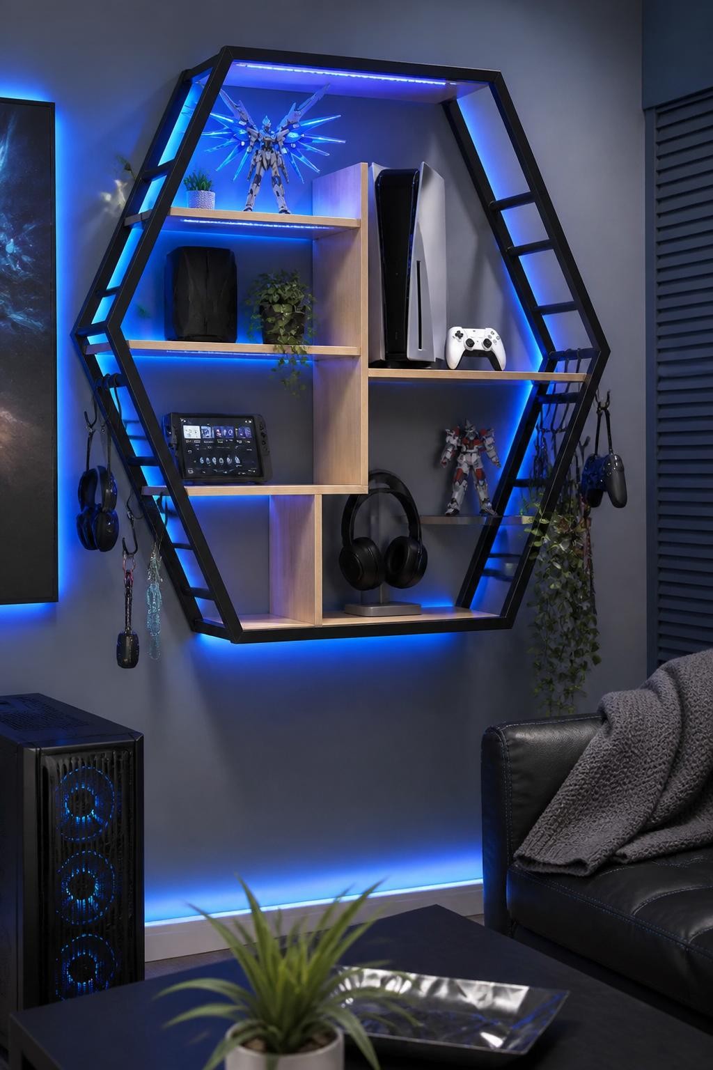 Style a modern gaming setup with a large, hexagonal floating shelf in matte black metal and light-toned wood against a cool gray-blue wall.