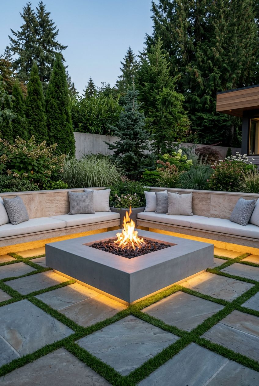 A visually striking backyard showcases a large, geometric square fire pit clad in smooth concrete, set at the center of a patio lined with a.