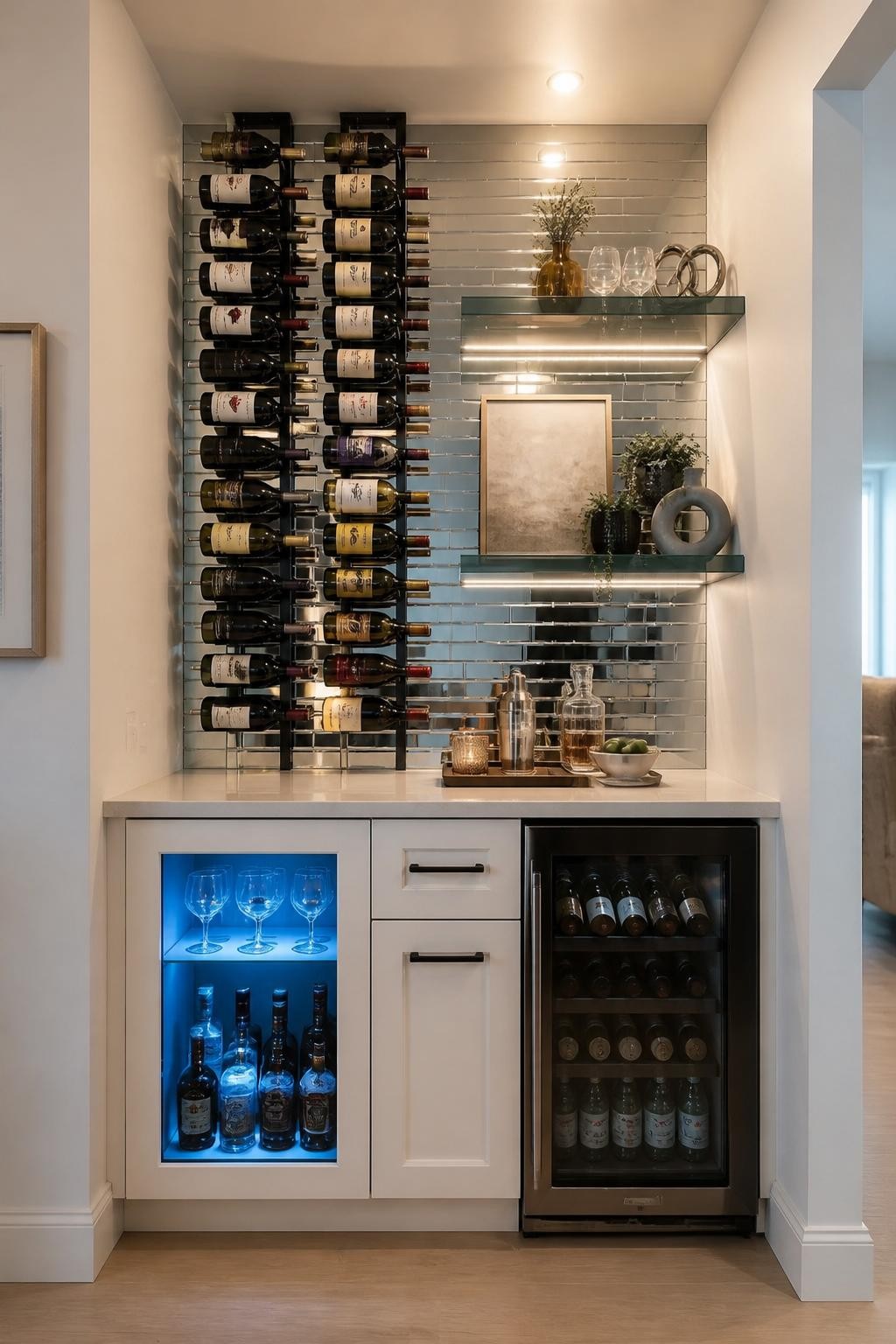 This glam dry bar stands out with a feature mirrored wall reflecting glass floating shelves, artfully styled with modern sculpture, botanica.