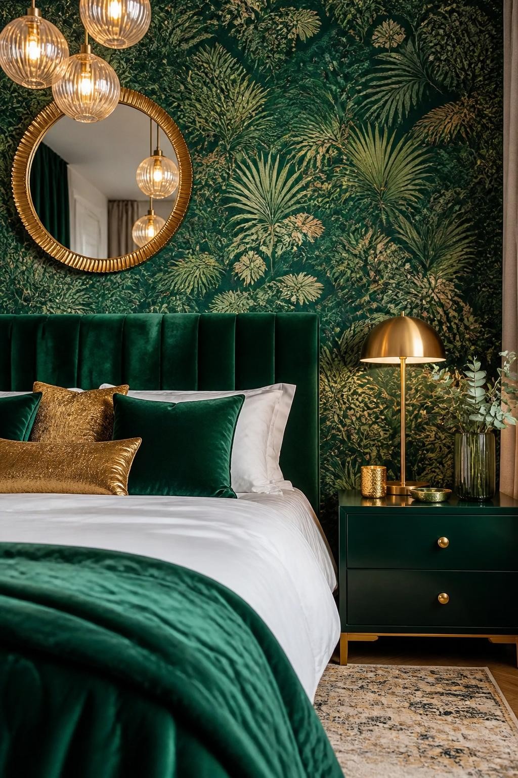 A bold, glamorous bedroom stands out with opulent green botanical wallpaper and a deep green velvet headboard.